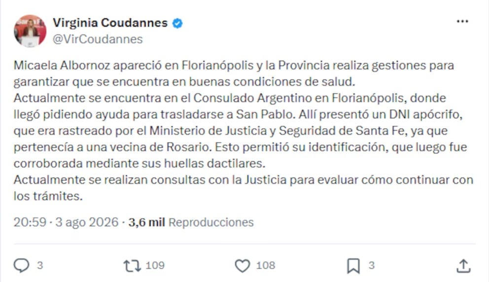 La publicación de Virginia Coudannes, celebrando la aparición con vida de Micaela Albornoz
