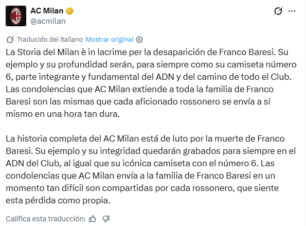 El comunicado de Milan por la muerte de Baresi