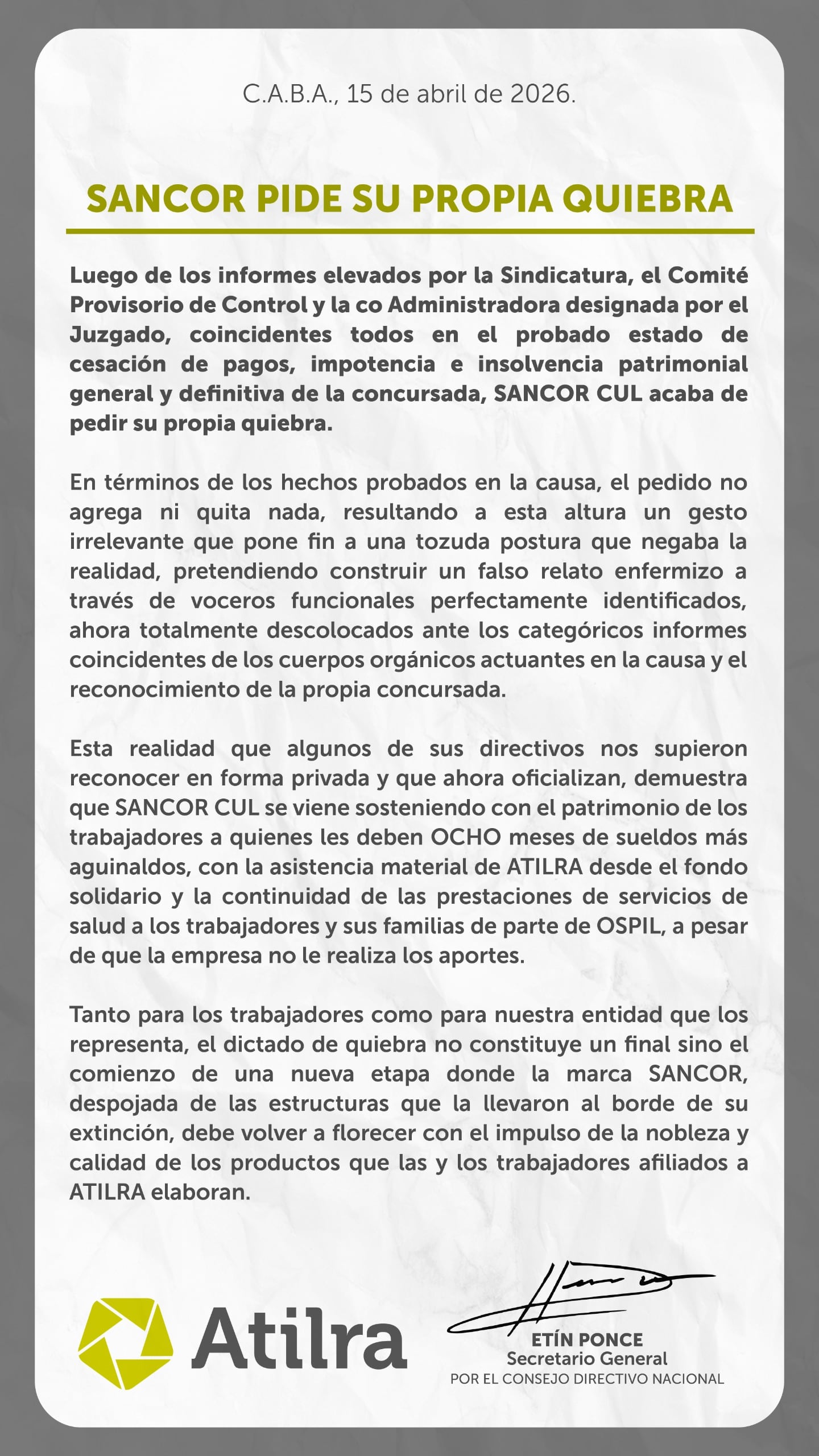 La comunicación de Atilra con la quiebra de SanCor