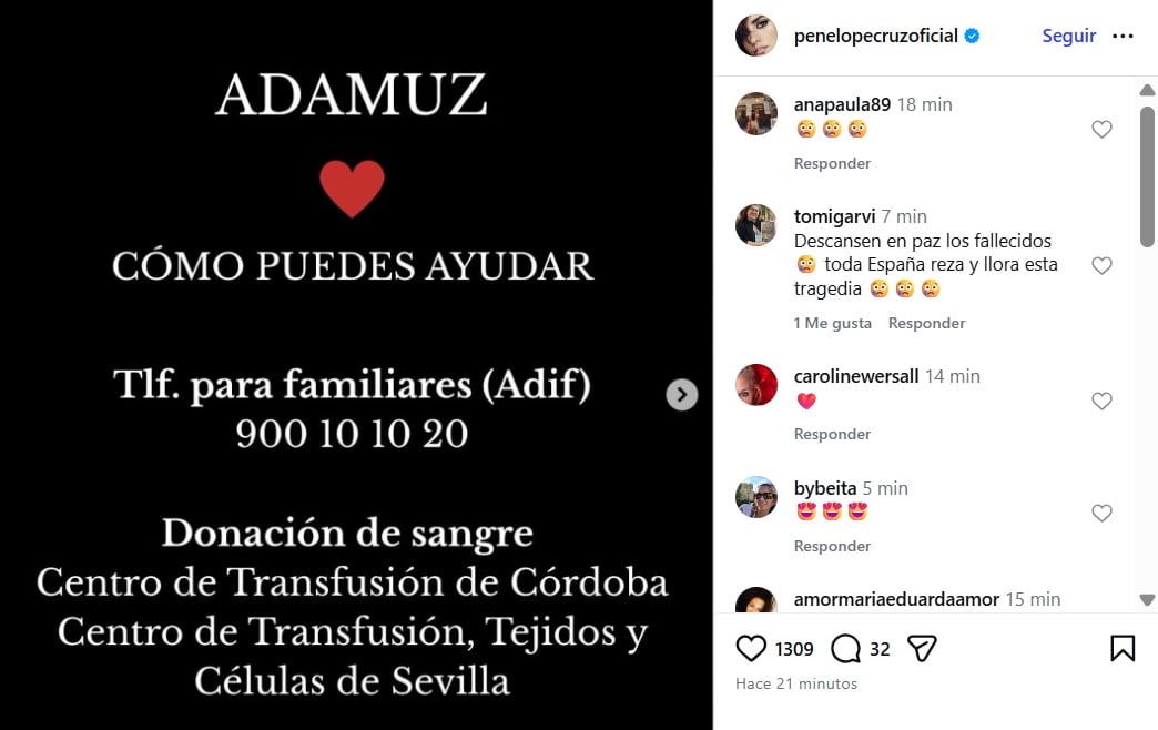 Penélope Cruz se solidarizó con las víctimas del accidente en España