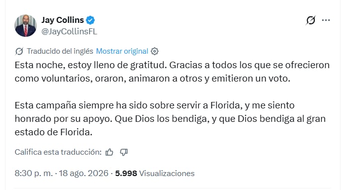 Jay Collins agradece el apoyo durante su campaña para gobernador en las elecciones primarias de Florida 2026