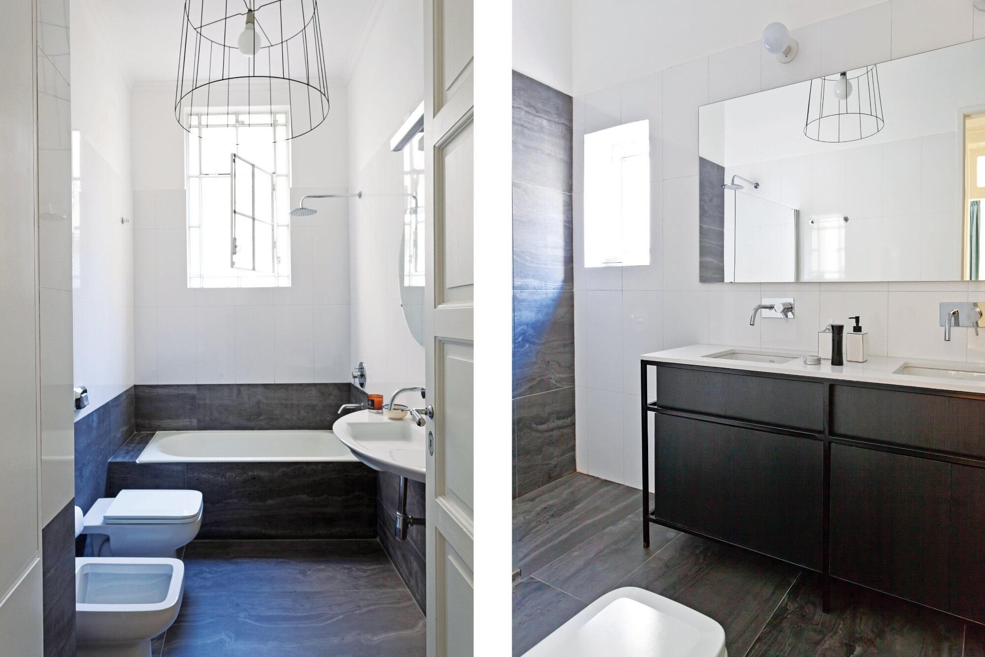 En ambos baños, lámparas diseñadas por el Arq. Tomás Magrane. El mueble que sostiene dos bachas le agrega espacio de guardado al baño en suite (Estudio Trama y taller Kiri). El contraste con el nuevo porcelanato símil Travertino negro le dio luz a las paredes.