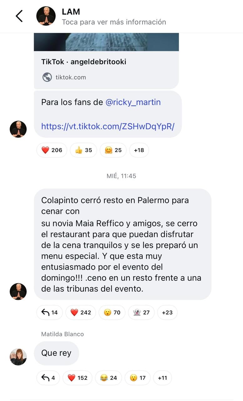 Según Ángel de Brito, Colapinto cenó con Reficco y amigos en un restaurante de Palermo (Foto: Instagram @angeldebritooki)