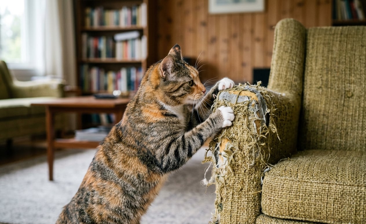 Revelan el motivo por el que los gatos rompen los muebles del hogar: cómo evitarlo (Imagen ilustrativa generada con IA)