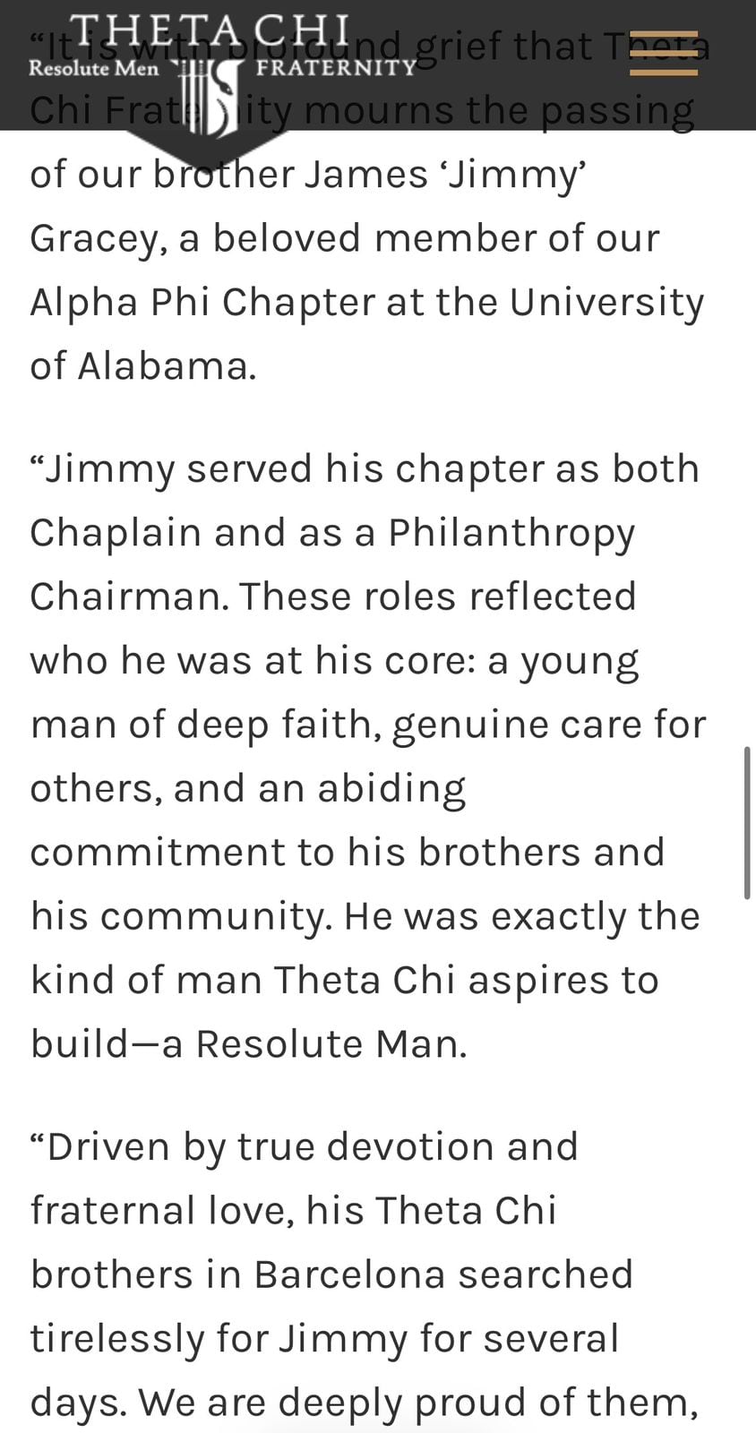 Desde el club Theta Chi ofrecieron palabras de consuelo