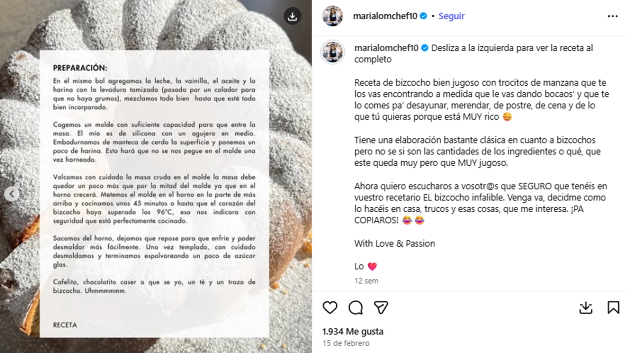 La receta de la ganadora de MasterChef es sobre un bizcocho de oliva con manzana