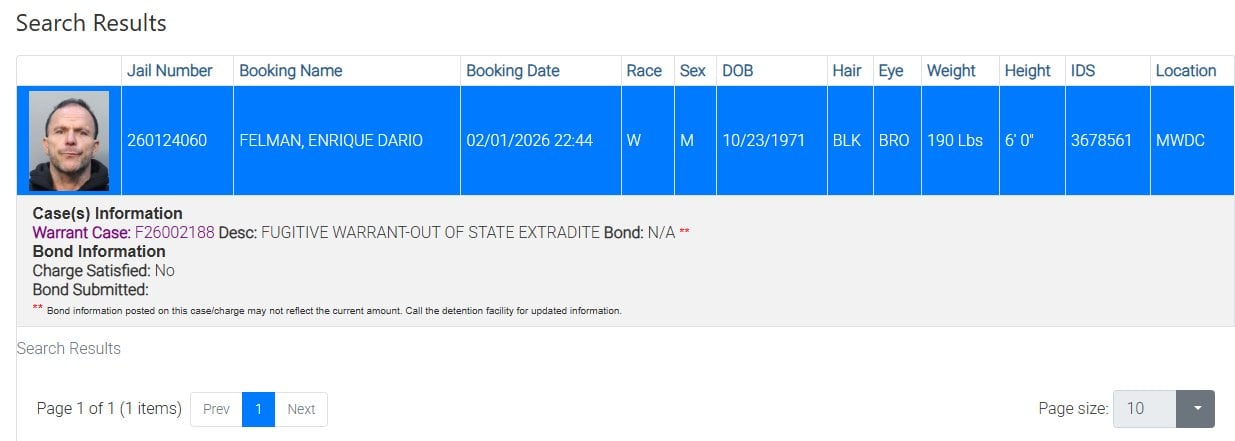 Quique Felman ya aparece en el sistema norteamericano por su detención (Foto: MiamiDade)