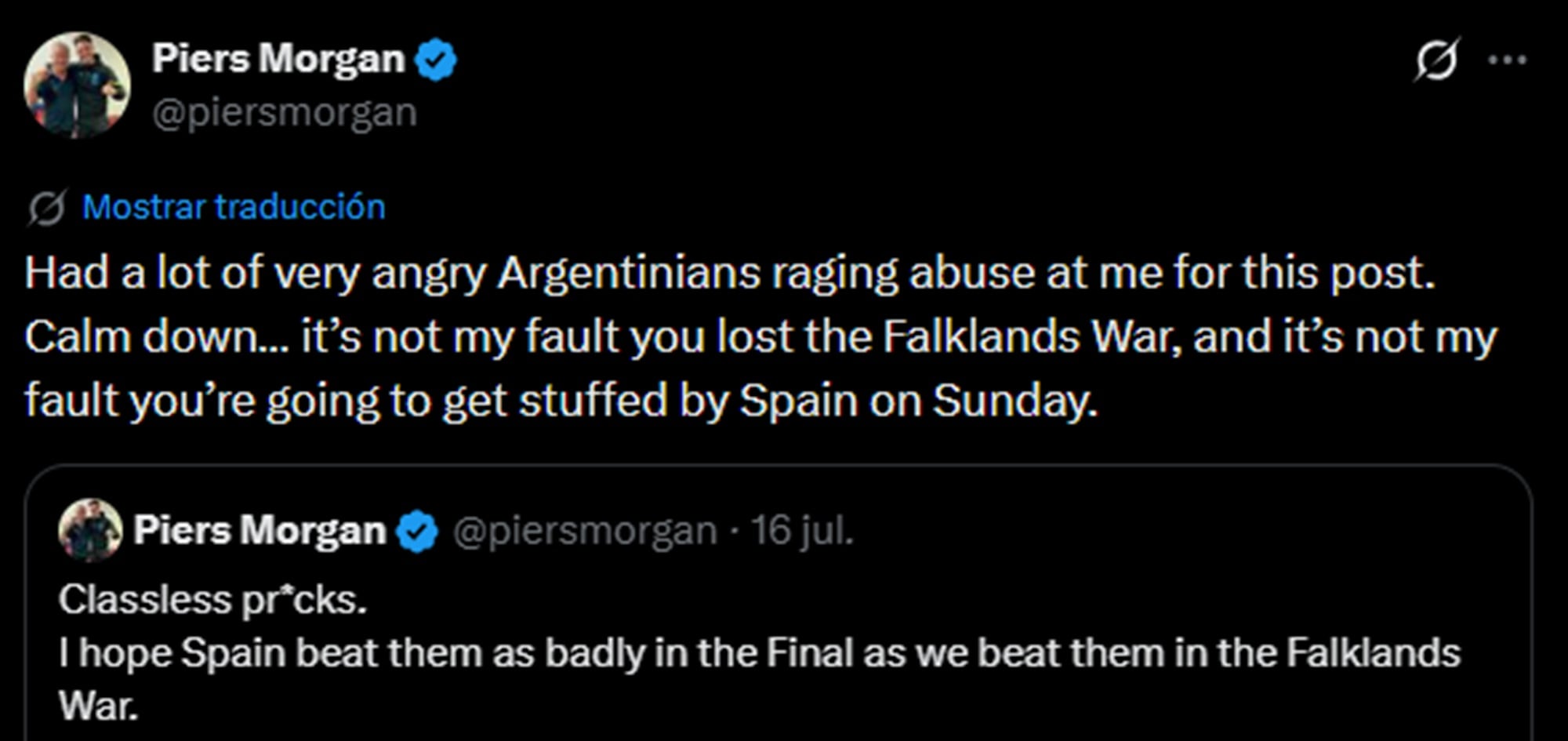 Piers Morgan redobló la apuesta con un nuevo ataque al pueblo argentino