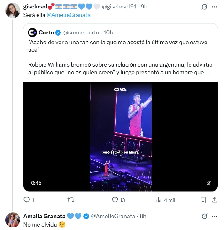 Amalia Granata se hizo eco de las declaraciones de Robbie Williams