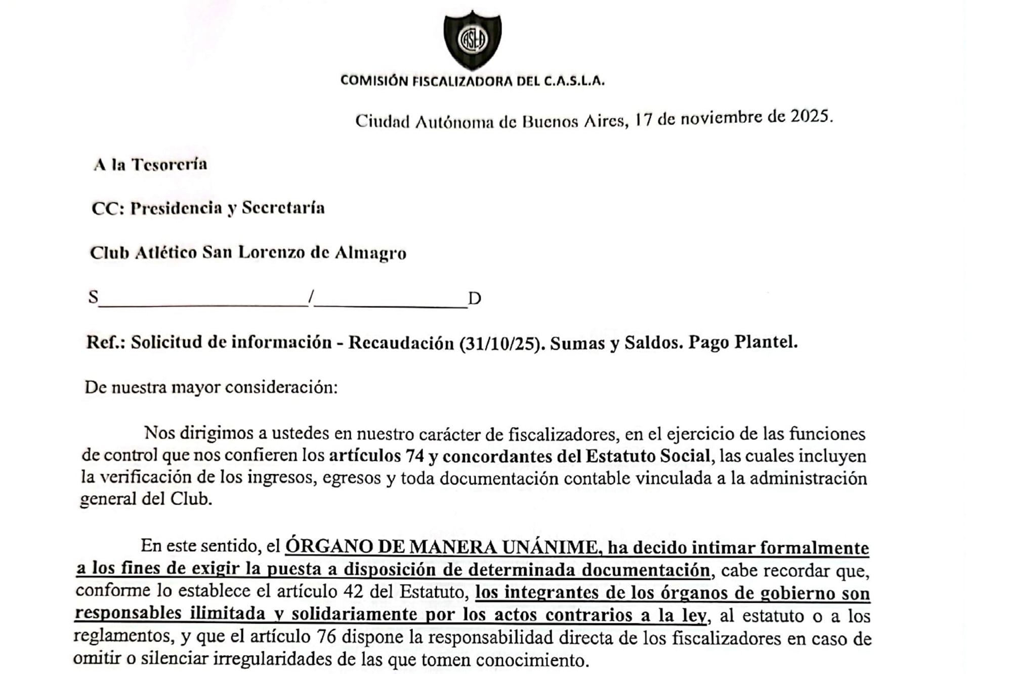 La nota de comisión Fiscalizadora dirigida a las autoridades de San Lorenzo.