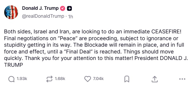 Captura de pantalla de la publicación de Trump. Fuente: Truth Social