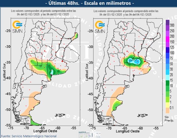 Precipitaciones de las últimas 48 horas. Zeni en base a SMN