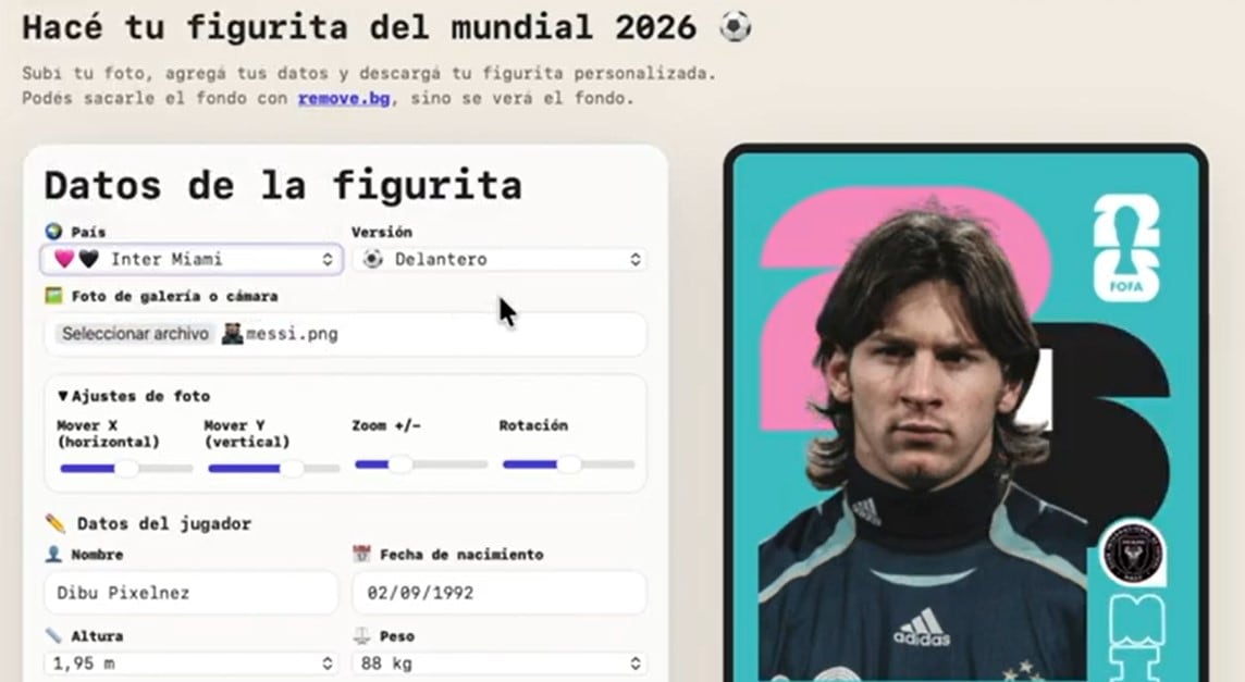 La interfaz de Tatuia incluye país de origen, posición en la cancha, nombre de la figurita y otras opciones