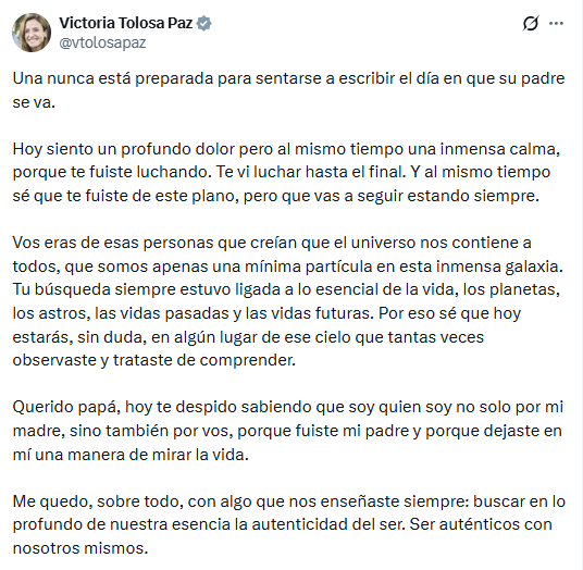 Una parte del mensaje de Tolosa Paz por la muerte de su padre