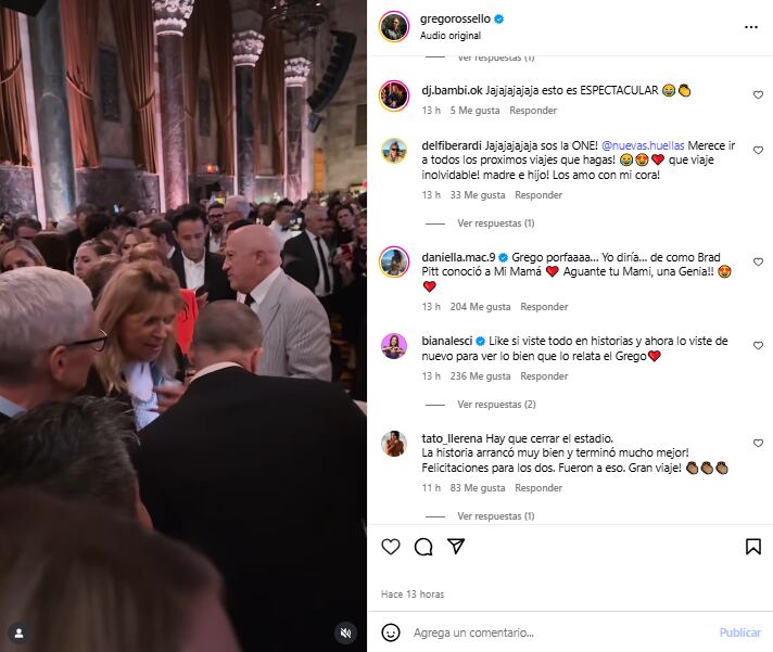 Los usuarios de las redes no tardaron en reaccionar al encuentro de la madre de Rossello con Pitt (Foto: Instagram @gregorossello)