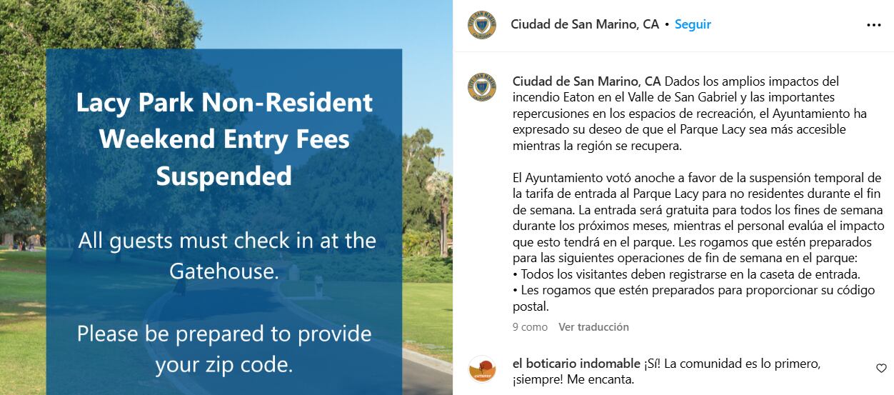 Durante tres semanas, San Marino permitió el ingreso sin costo a Lacy Park por la baja calidad del aire, pero aclaró que no se trató de un cambio permanente en la política