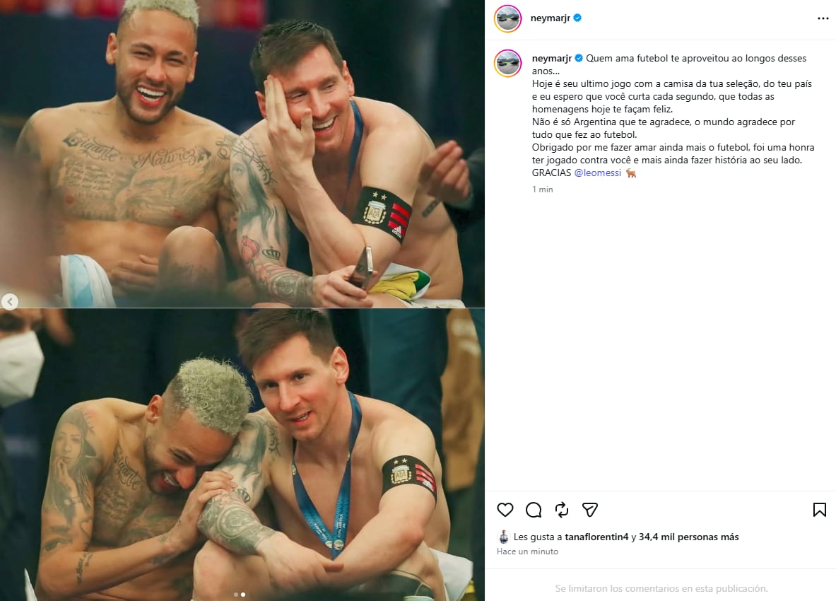 El emotivo posteo de Neymar para Messi en la previa a su despedida en la selección