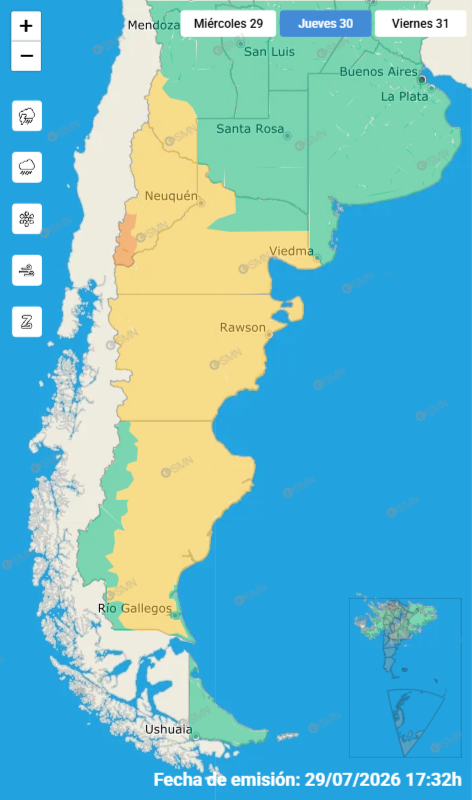 Las alertas emitidas por el SMN para este jueves 30 de julio