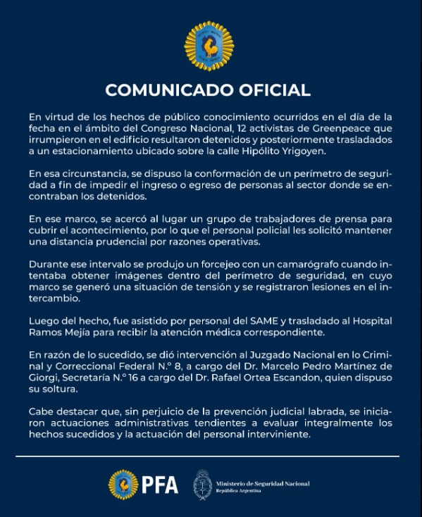 ¿Qué dice el comunicado de la PFA sobre los incidentes en el Congreso con Greenpeace? 5 El comunicado oficial de la PFA tras los incidentes en el Congreso (X: @PFAOficial)