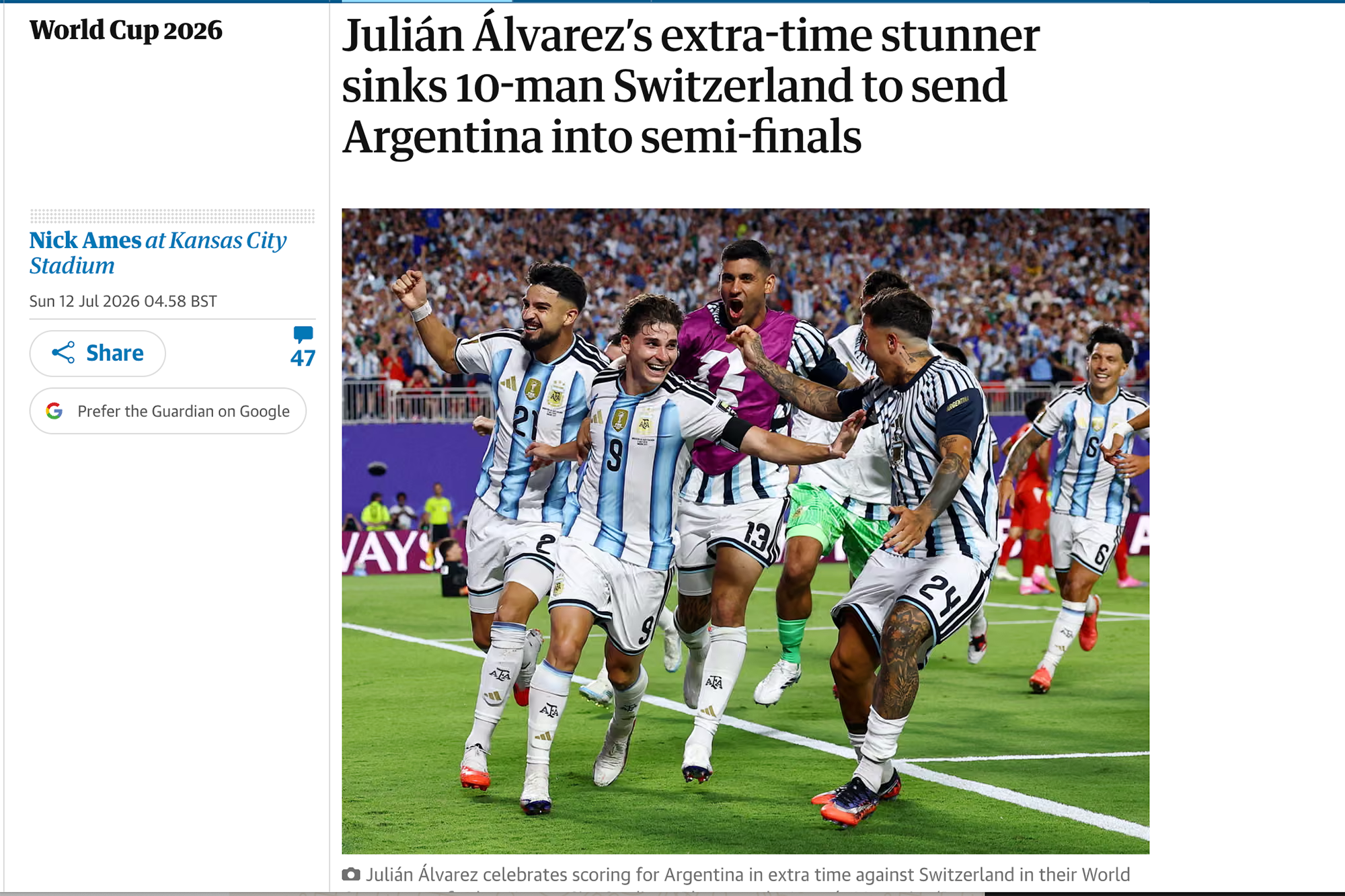 La nota del diario inglés The Guardian sobre la victoria argentina
