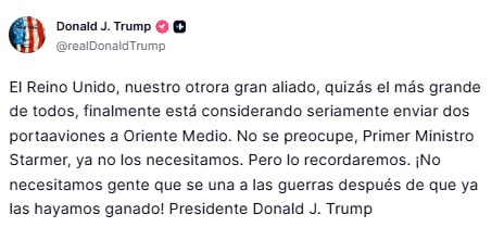 Trump señaló al primer ministro Starmer que no necesitan de su ayuda en un conflicto que Estados Unidos ya ganó