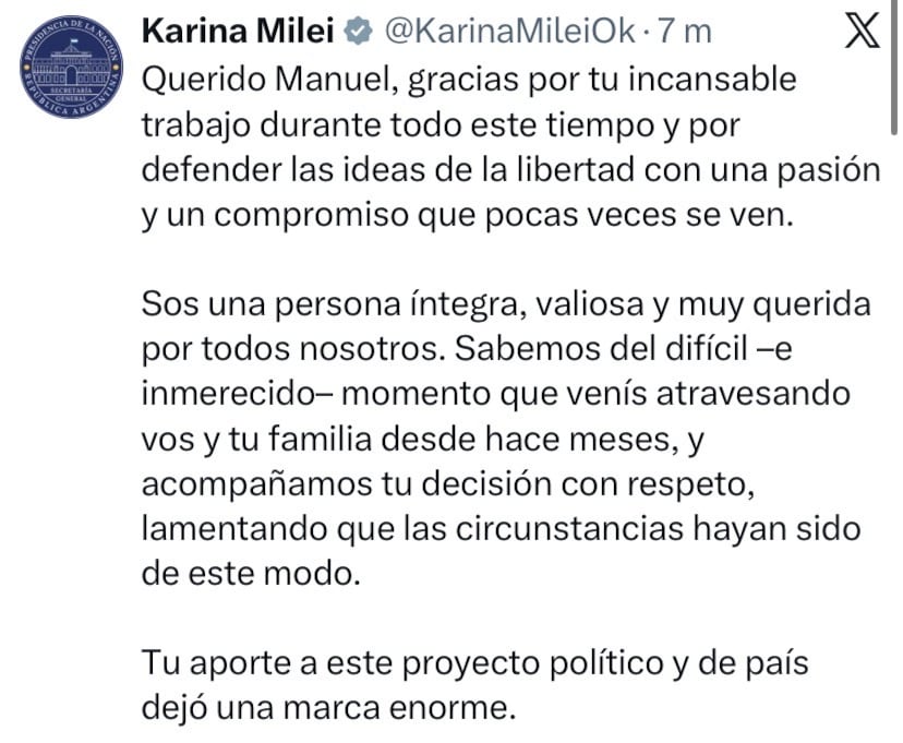 Karina Milei agradeció a Manuel Adorni tras dejar su cargo: “Persona íntegra y valiosa” 5 El posteo de Karina Milei