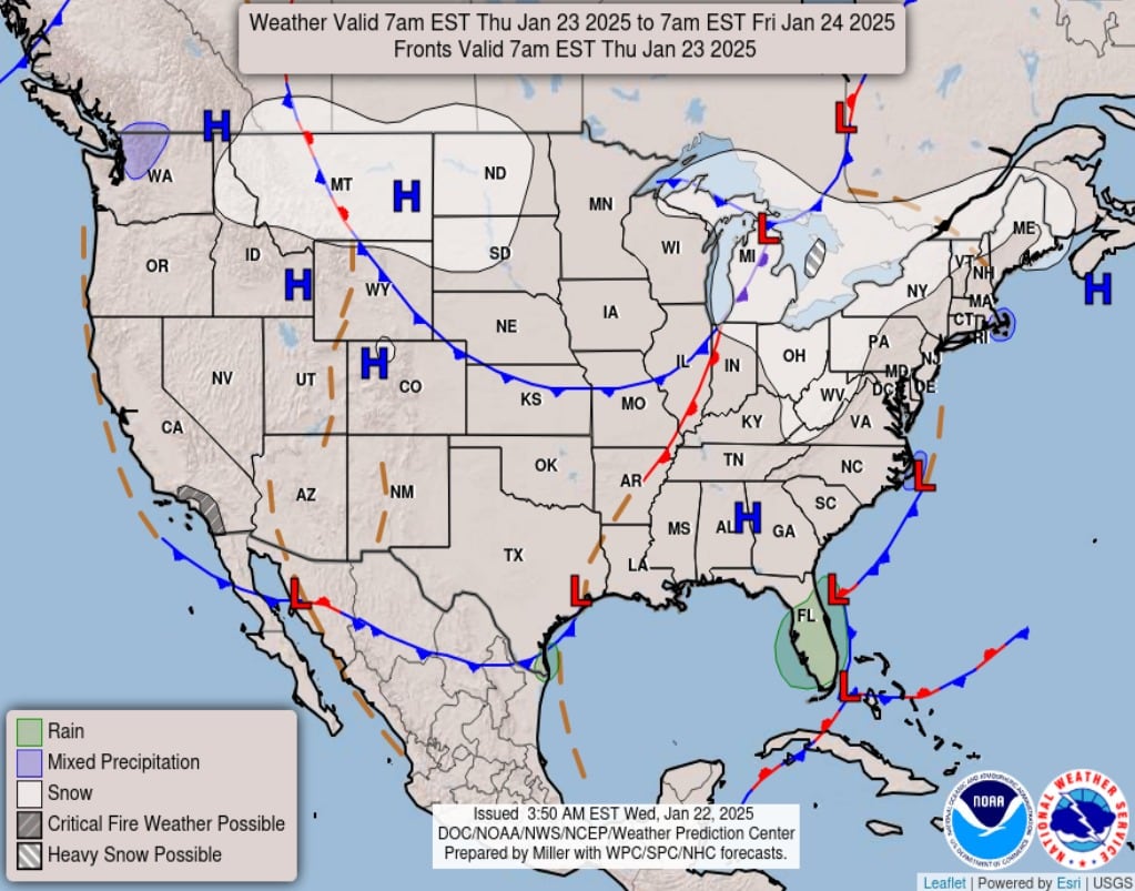 El mapa del pronóstico del clima en EE.UU. para este jueves 23 de enero