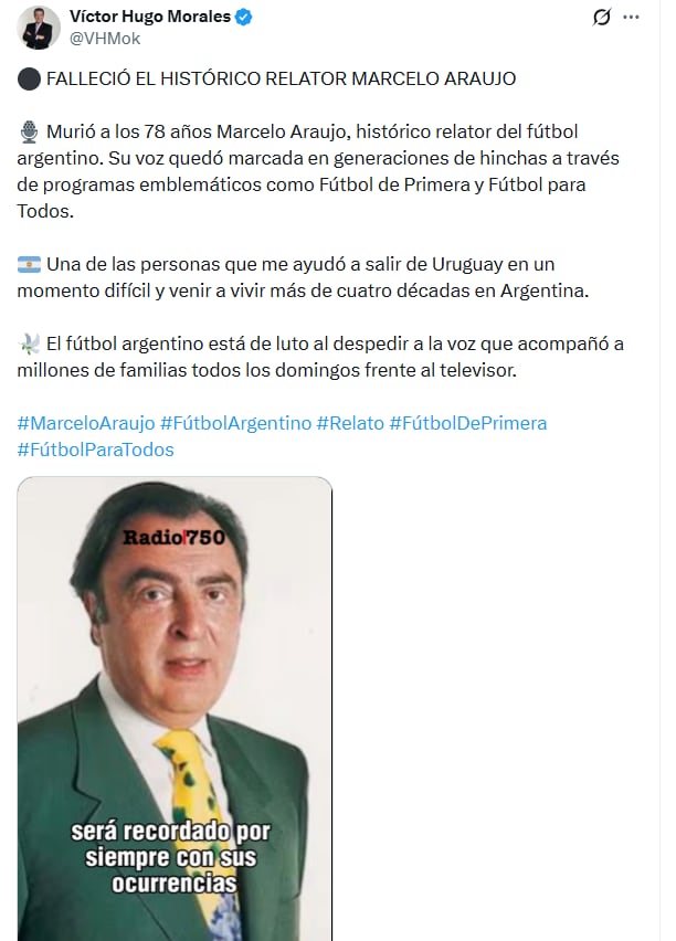 Víctor Hugo Morales despidió a Marcelo Araujo con un emotivo mensaje