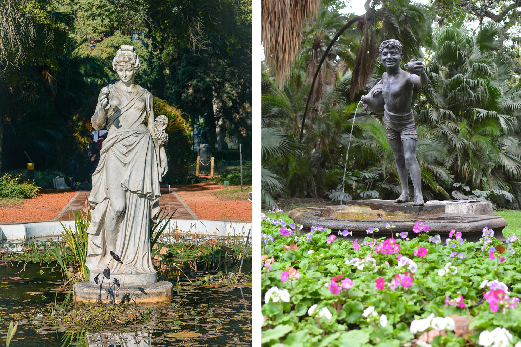 El jardín botánico contiene obras de arte en todo su recorrido, entre fuentes y macizos de plantas