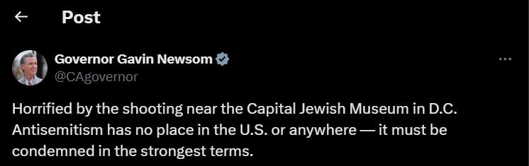 El mensaje de Gavin Newsom sobre la pareja israelí asesinada en Washington D. C.