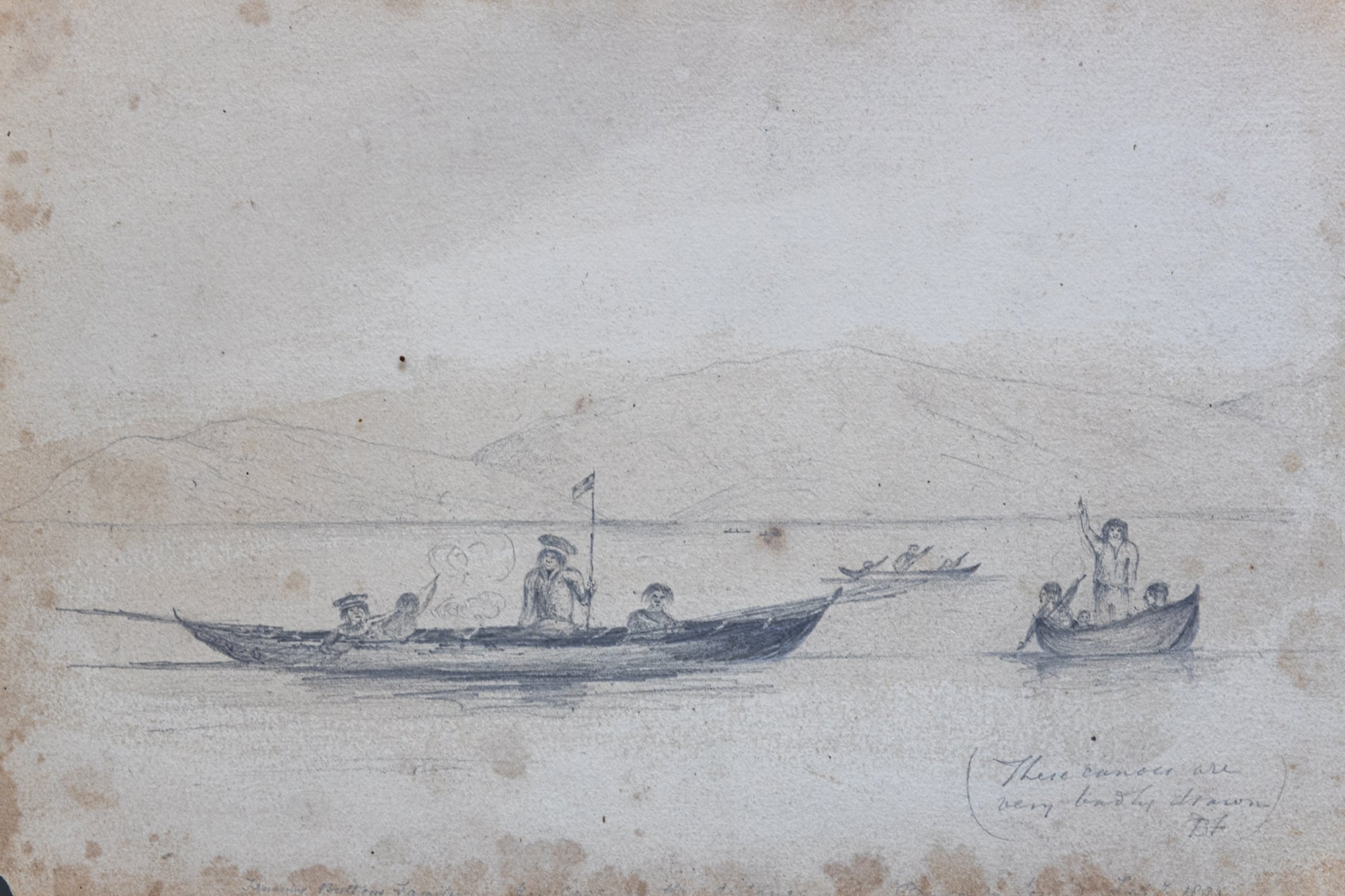 Paisajes con historia. Vinos que a través de sus etiquetas recuerdan el paso de Darwin por la Patagonia 5 Dibujo de Martes que muestra a los yaganes en sus canoas, en las que prendían fuego. En la esquina inferior escribió FitzRoy que las canoas están mal dibujadas