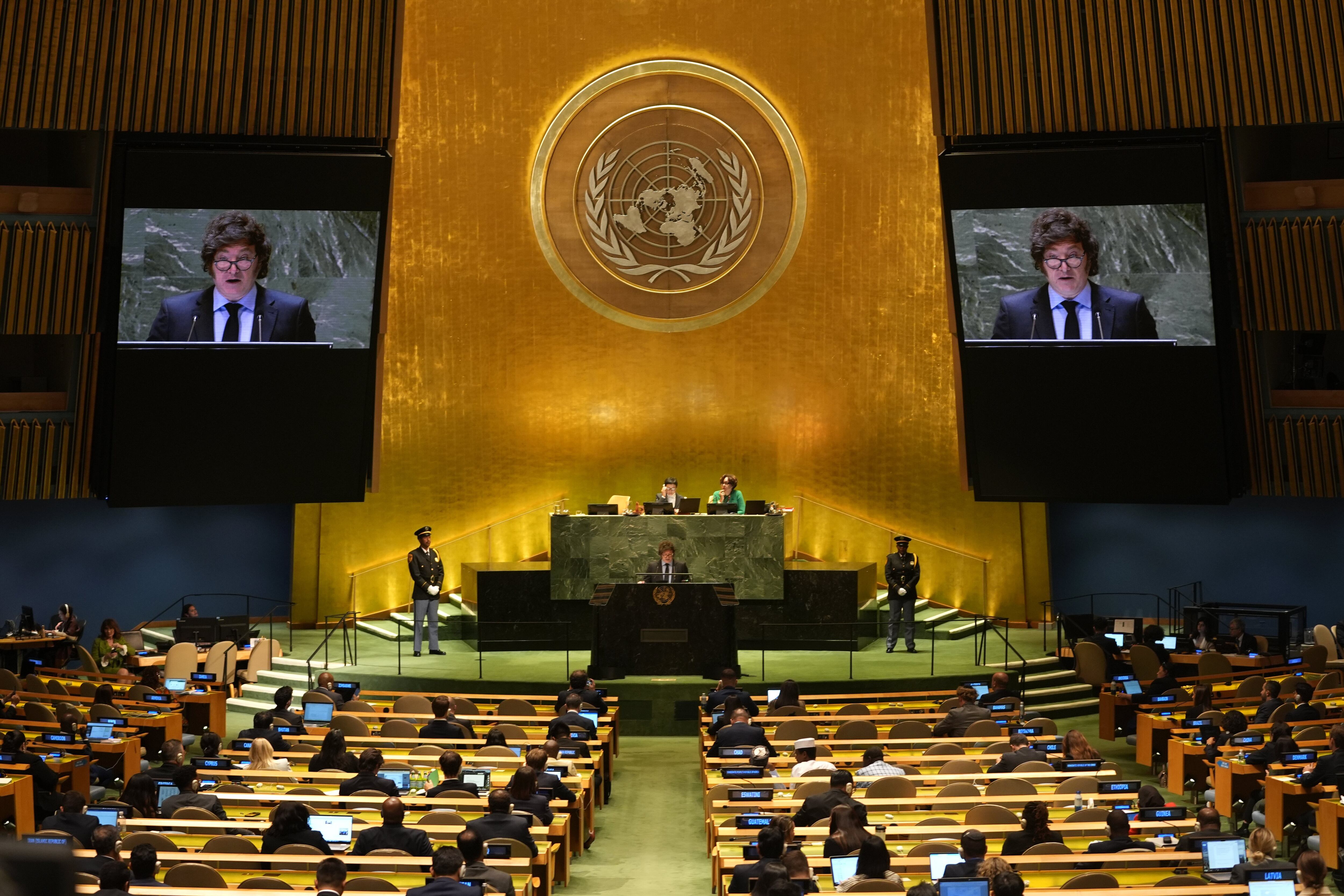 El presidente de Argentina, Javier Milei, habló durante el 79º período de sesiones de la Asamblea General de las Naciones Unidas en la sede de las Naciones Unidas en la ciudad de Nueva York el 24 de septiembre de 2024
