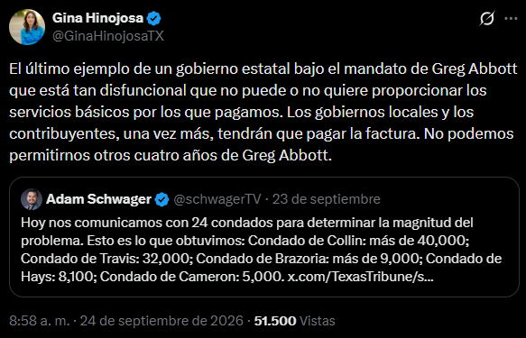 Hinojosa apuntó contra Abbott por las fallas en el DPS