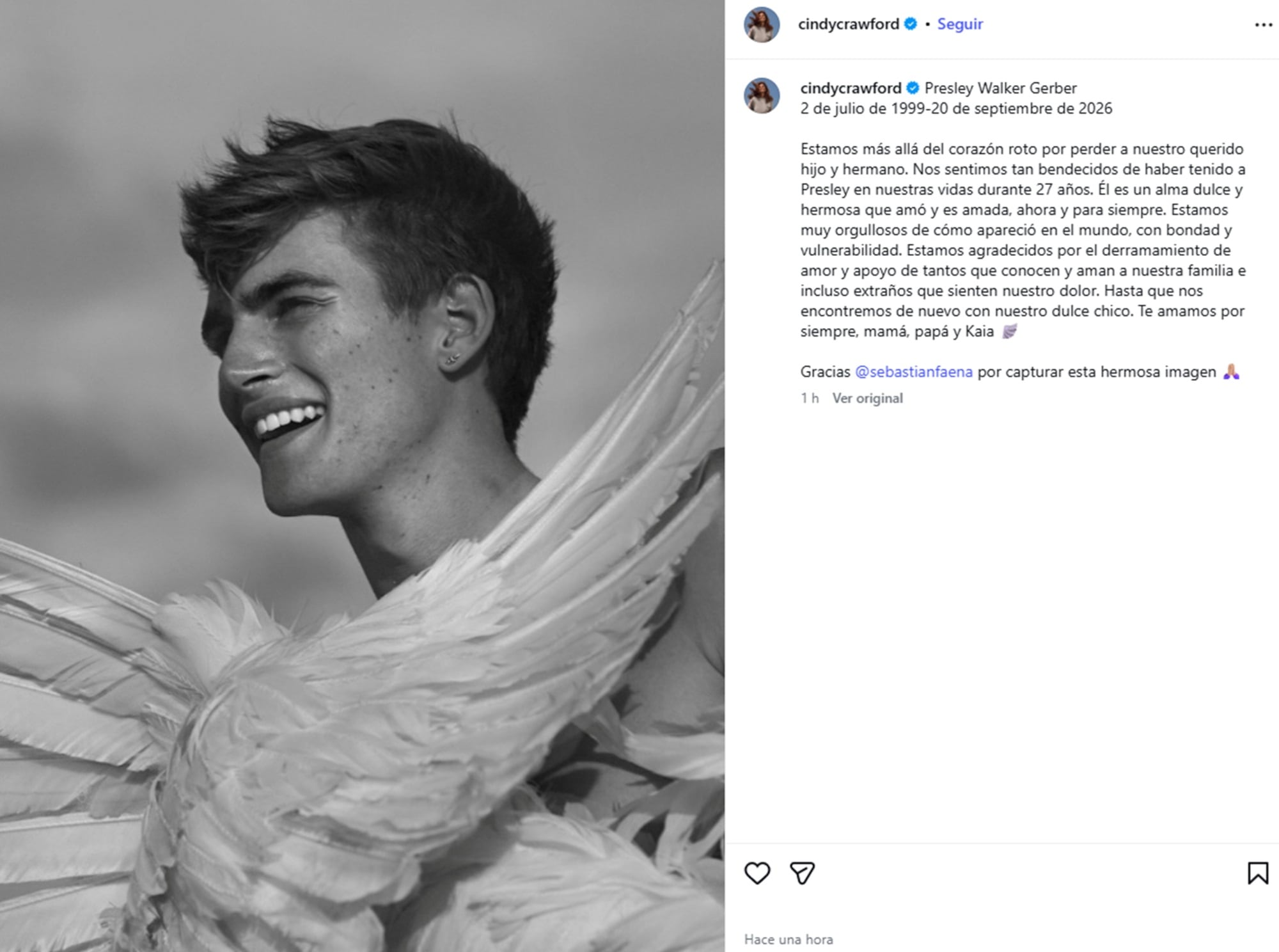 Cindy Crawford despidió a su hijo Presley Gerber tras casi un mes desde su muerte