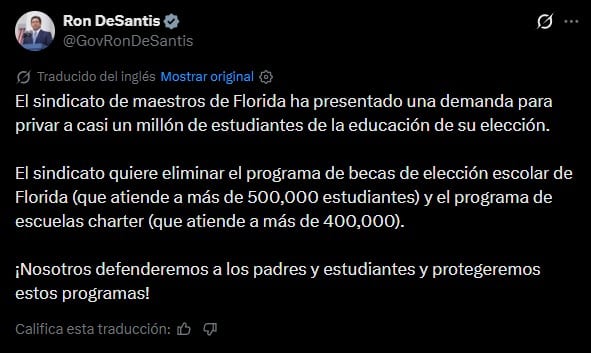 La respuesta de DeSantis a la demanda del sindicato de maestros de Florida