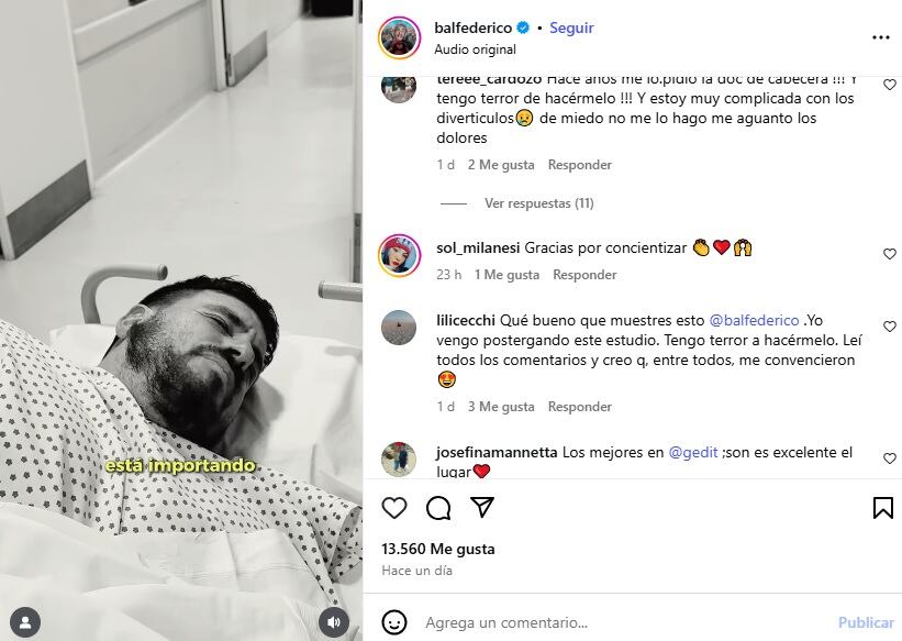 El posteo reflexivo de Federico Bal sobre el análisis del cáncer de colon y la reacción de sus seguidores