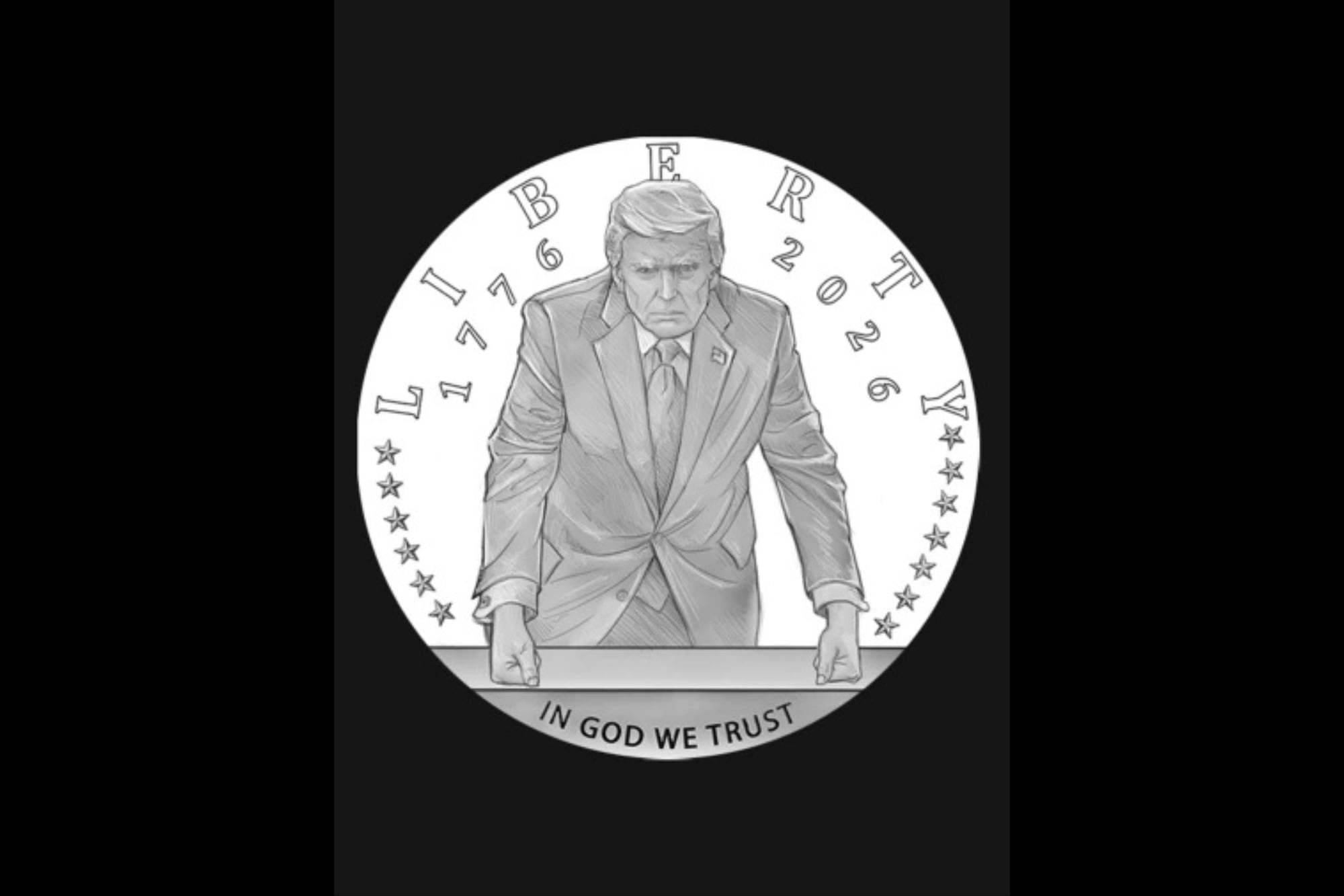 El anverso muestra a Trump en traje, inclinado sobre un escritorio