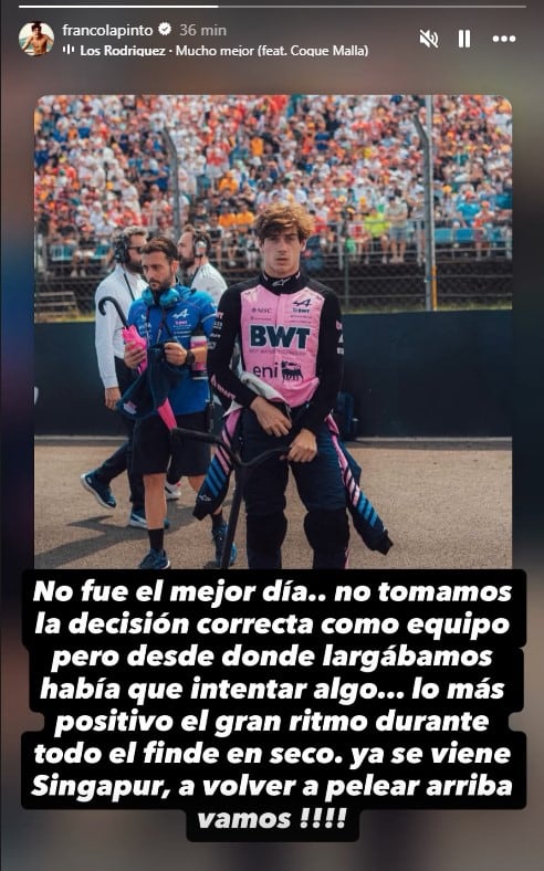 El posteo de Colapinto en Instagram