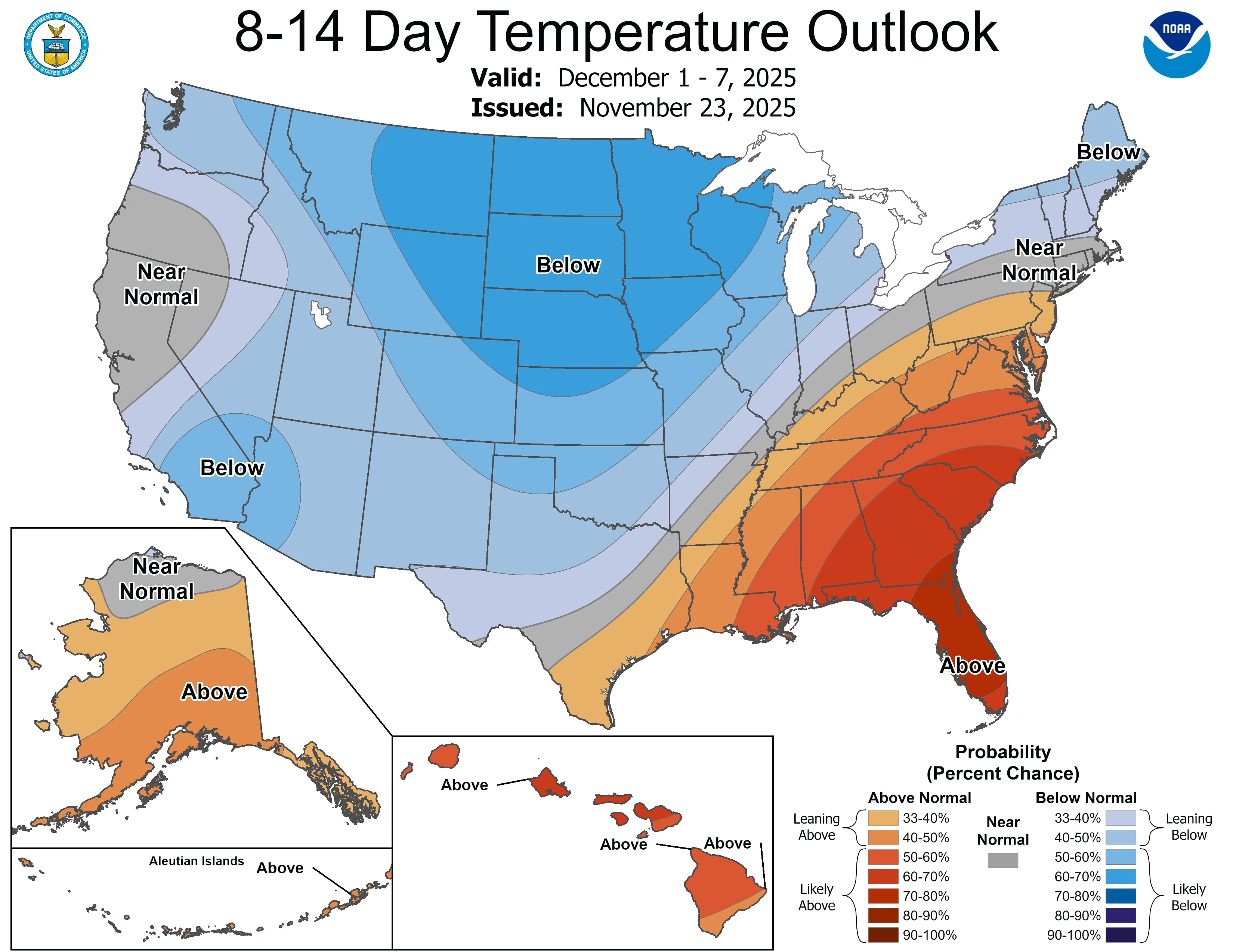 La NOAA proyecta temperaturas por debajo del promedio para la mayor parte de Estados Unidos durante finales de noviembre y principios de diciembre