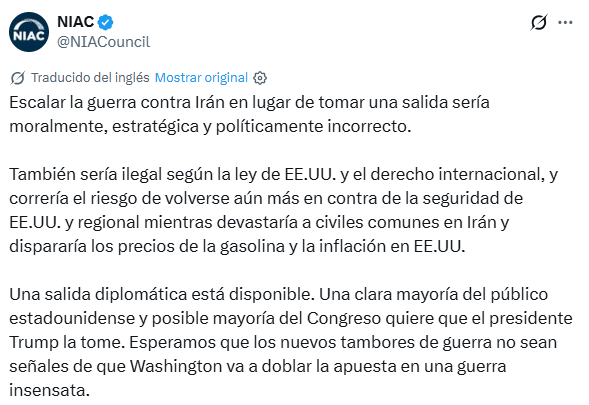 Guerra de Estados Unidos e Israel contra Irán, en vivo: tensión en Medio Oriente hoy, sábado 23 de mayo 6 El tuit del NIAC