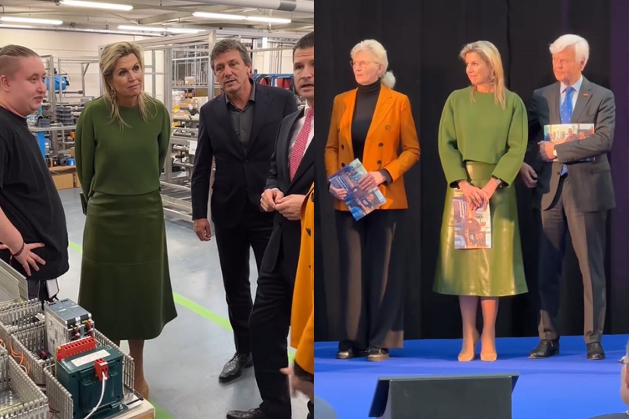 El miércoles la reina Máxima se lució con una blusa verde pino y una pollera de cuero a tono (Foto: Captura de video / Instagram @eo_blauwbloed)