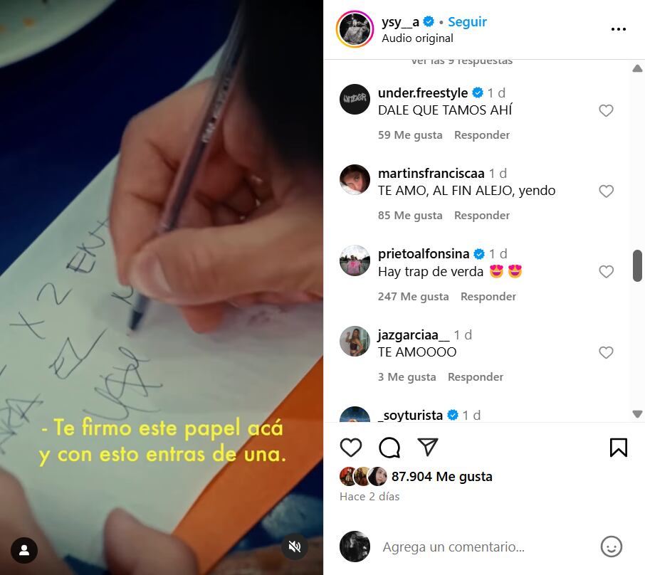 El apoyo que recibió el artista en sus redes al anunciar que coronará su gira con una gran presentación en el Movistar Arena (Foto: Captura Instagram @ysy__a)