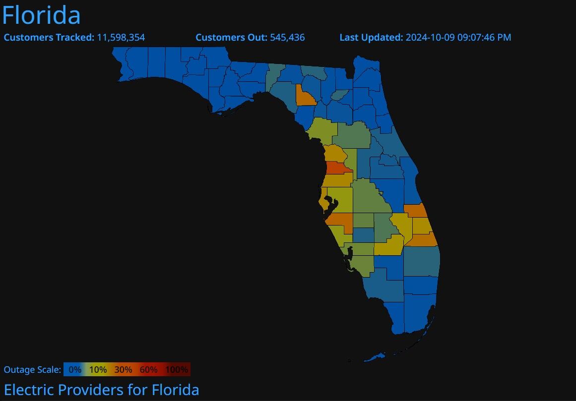 Las zonas afectadas sin electricidad en Florida