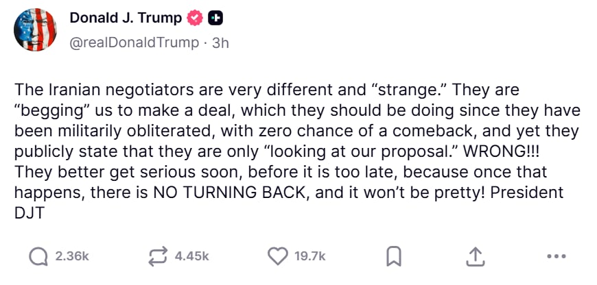 Captura de pantalla de la publicación de Trump. Fuente: Truth Social