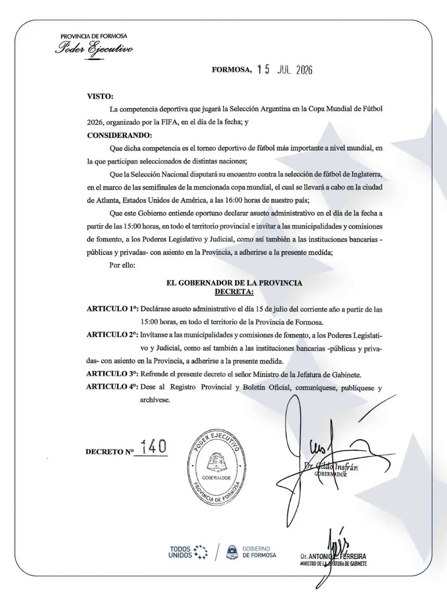El decreto del gobernador de Formosa, Gildo Insfrán, en el que otorga asueto a los estatales por el partido del seleccionado argentino de fútbol