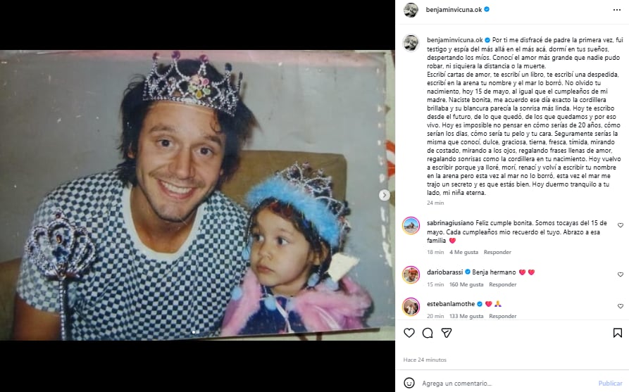 El posteo de Benjamín Vicuña el día que su hija Blanca hubiese cumplido 20 años (Foto: Instagram @benjaminvicuna.ok)