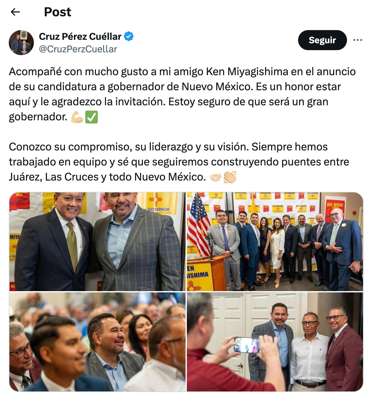Cruz Pérez Cuellar respaldó la postulación de Ken Miyagishima desde Ciudad Juárez en México. Foto: vía X