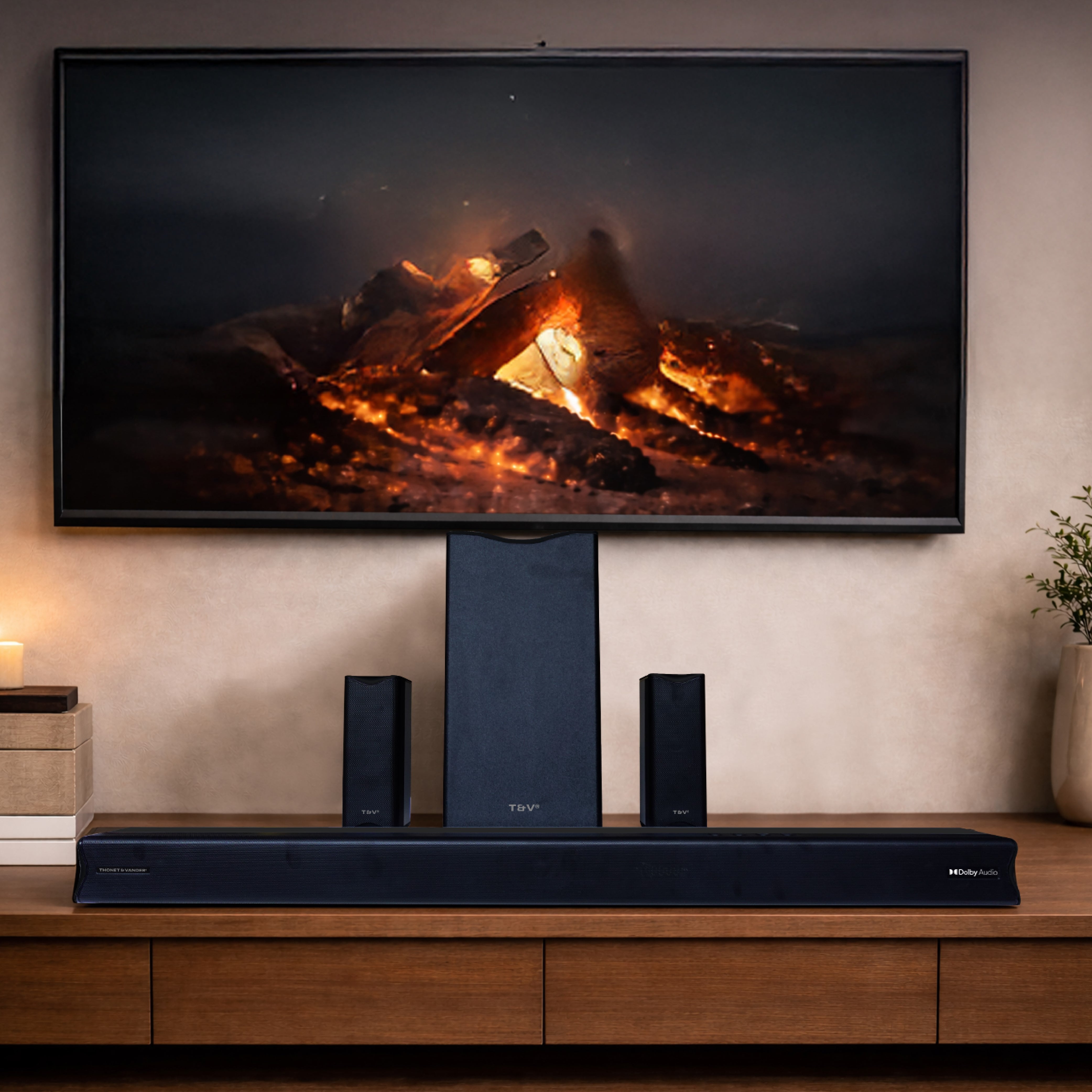 Una barra de sonido Thonet & Vander Rein Gen 2, con barra de sonido, subwoofer, y dos parlantes satelitales