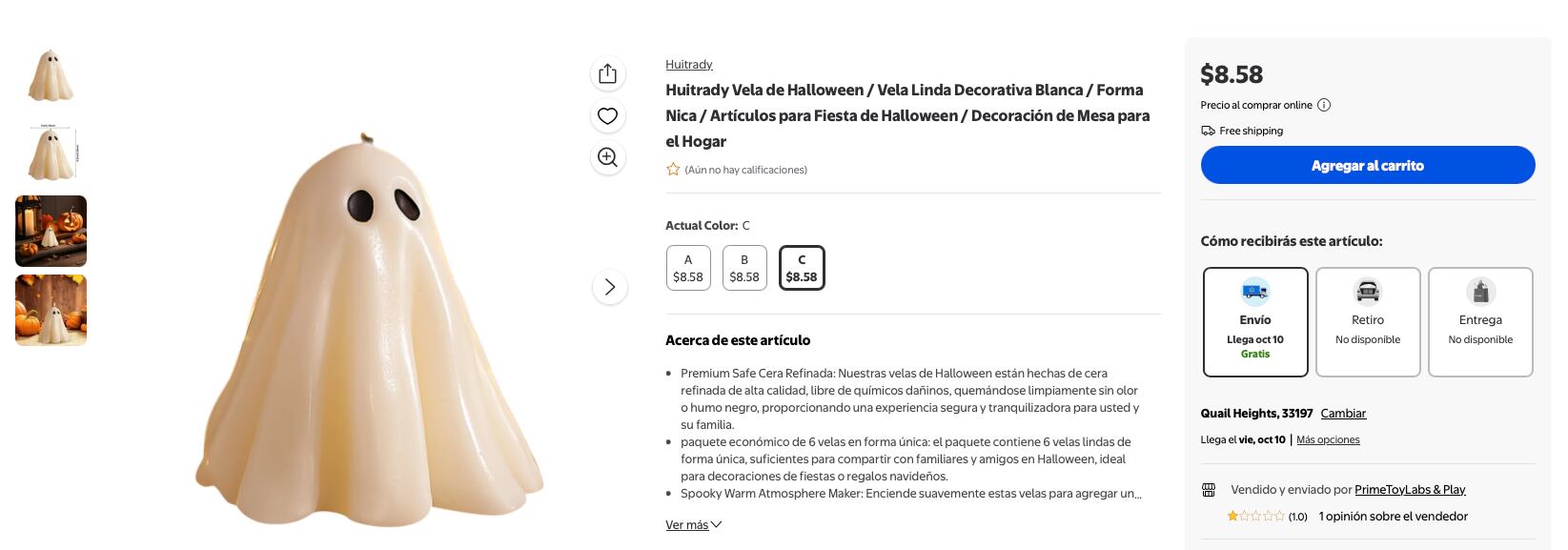Son velas con diseño en forma de fantasma y viene en un paquete de seis unidades