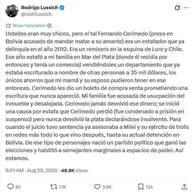La denuncia de Rodrigo Lussich contra Fernando Cerimedo (Captura: Instagram @rodrilussich)